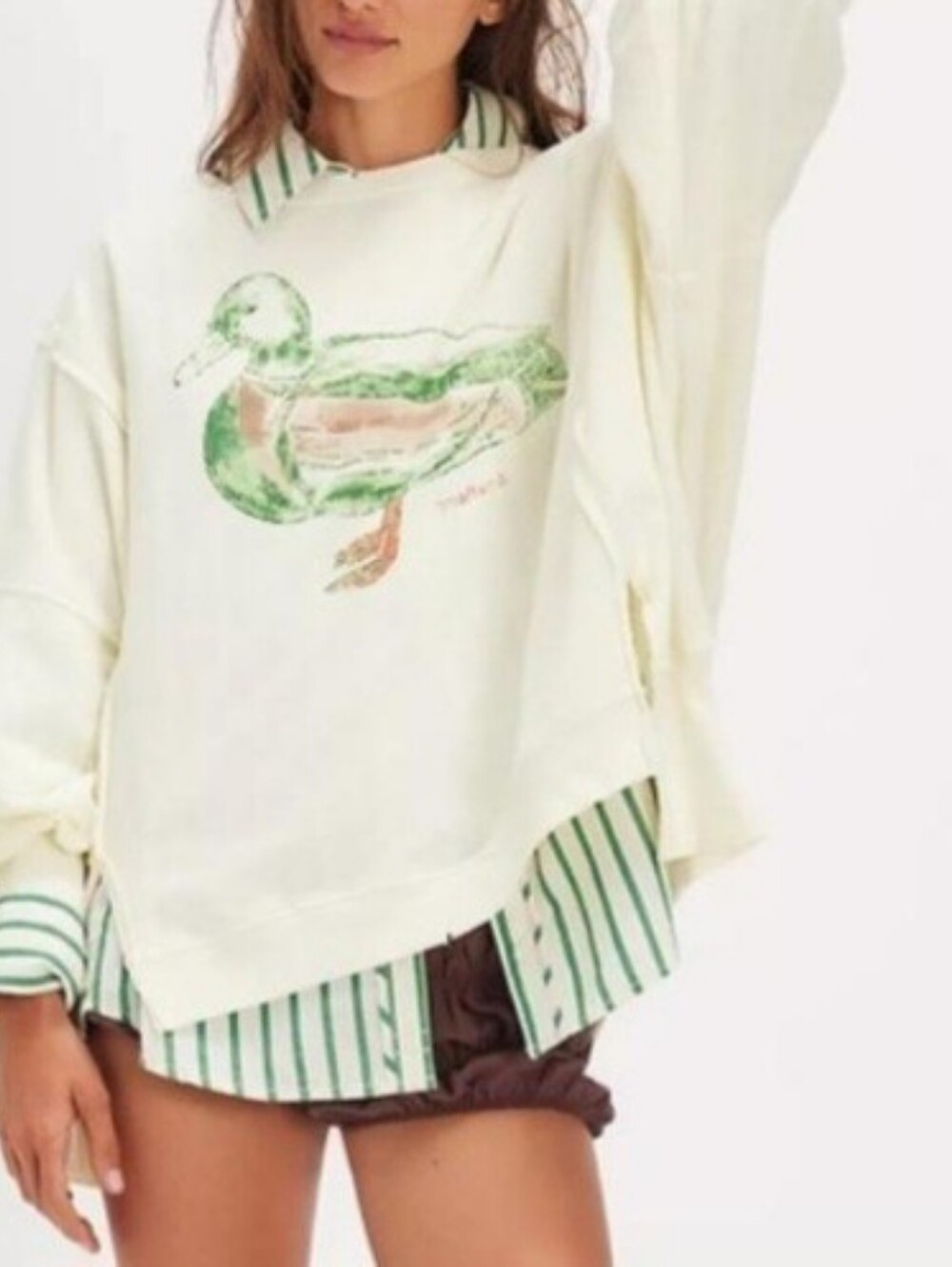 Free People Scoop Necklune Ribbed Hem Mallard Duck Graphic Sweatshirt